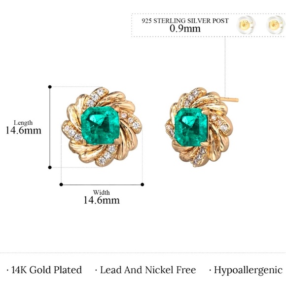 🌹🆕 Vintage Gold Plated Emerald Stud Earrings Christmas gift - Picture 4 of 5